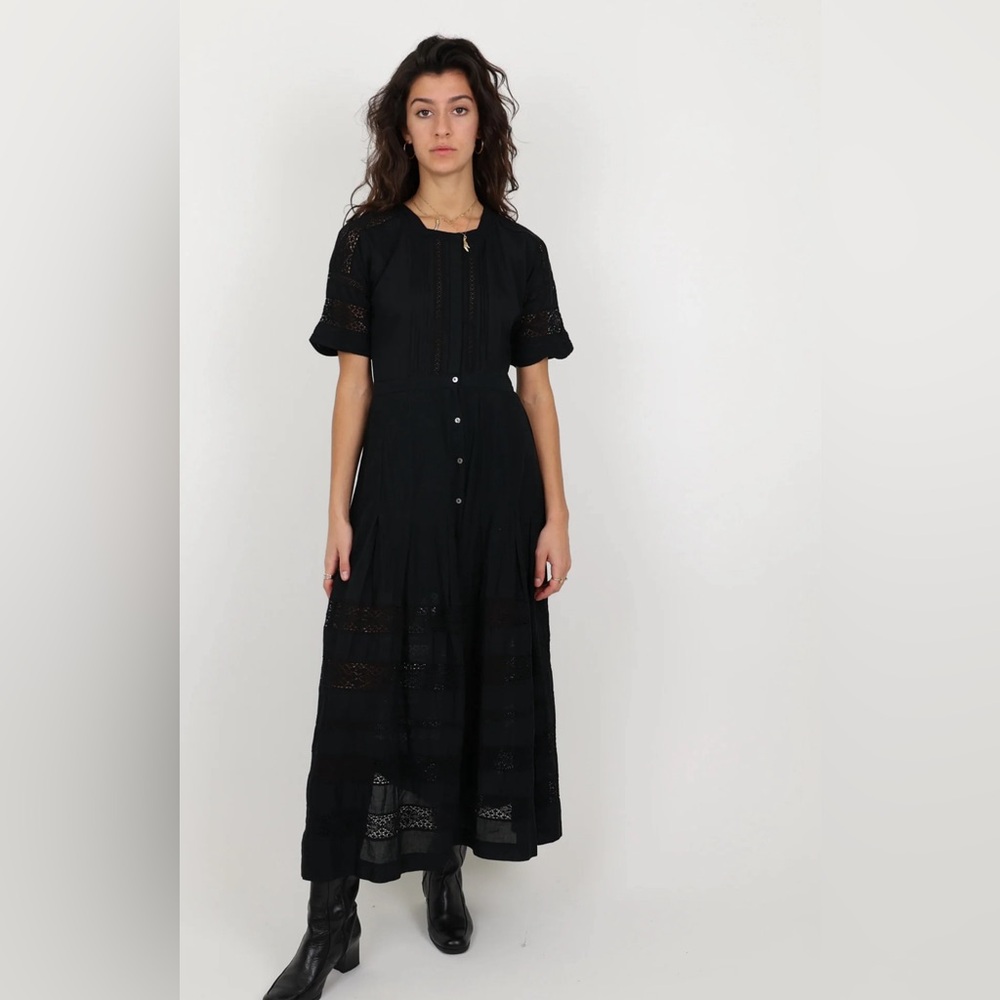 LoveShackFancy Edith Black dress size S w crochet trim and front button closure